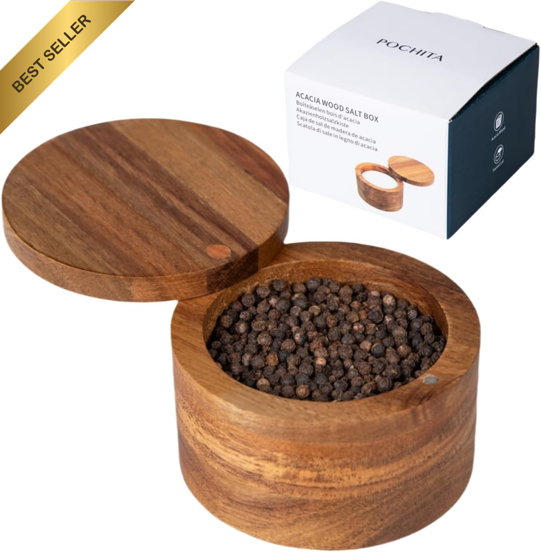 Acacia Wood Salt Cellar Bowl Box with Swivel Magnetic Lid to Avoid Dust, Elegant