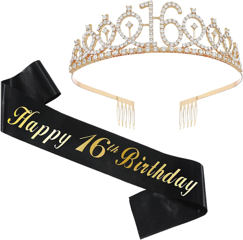Sweet 16 Birthday Sash and Crown Set, Rhinestone Tiara with Black and Gold 16Th