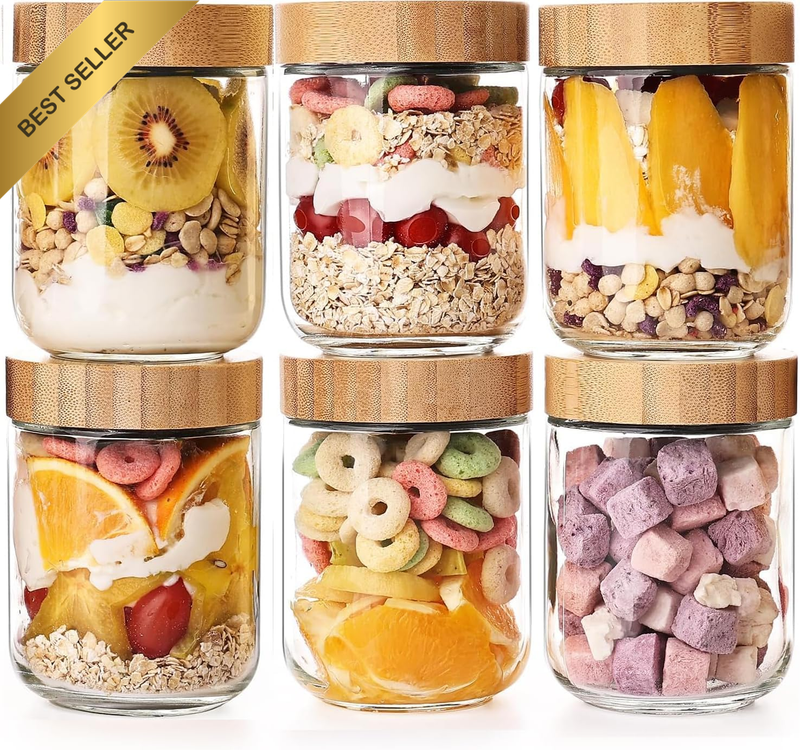 16Oz Overnight Oats Containers with Bamboo Lids 6 PCS, Glass Jars with Airtight