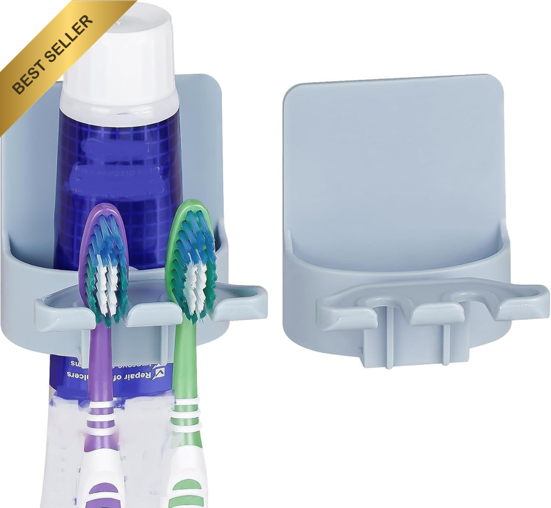 2PC Adhesive Toothbrush Holder Wall Mounted 3-in-1 Cup Hook Blue
