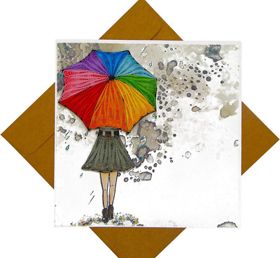 GREENHANDSHAKE Girl with rainbow umbrella, quilling art greeting card for bir...