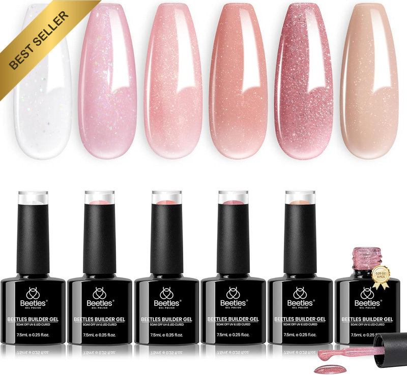 Beetles Builder Gel Set,6 Colors Glitter Shimmer 7 in 1 Nude Pink White Nail Thi