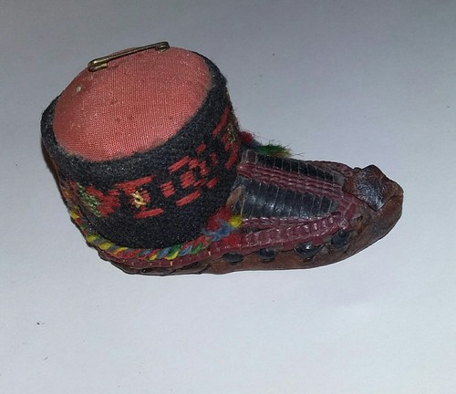 Antique Folk Art Sewing Pincushion Leather Needlework Shoe Embroidery
