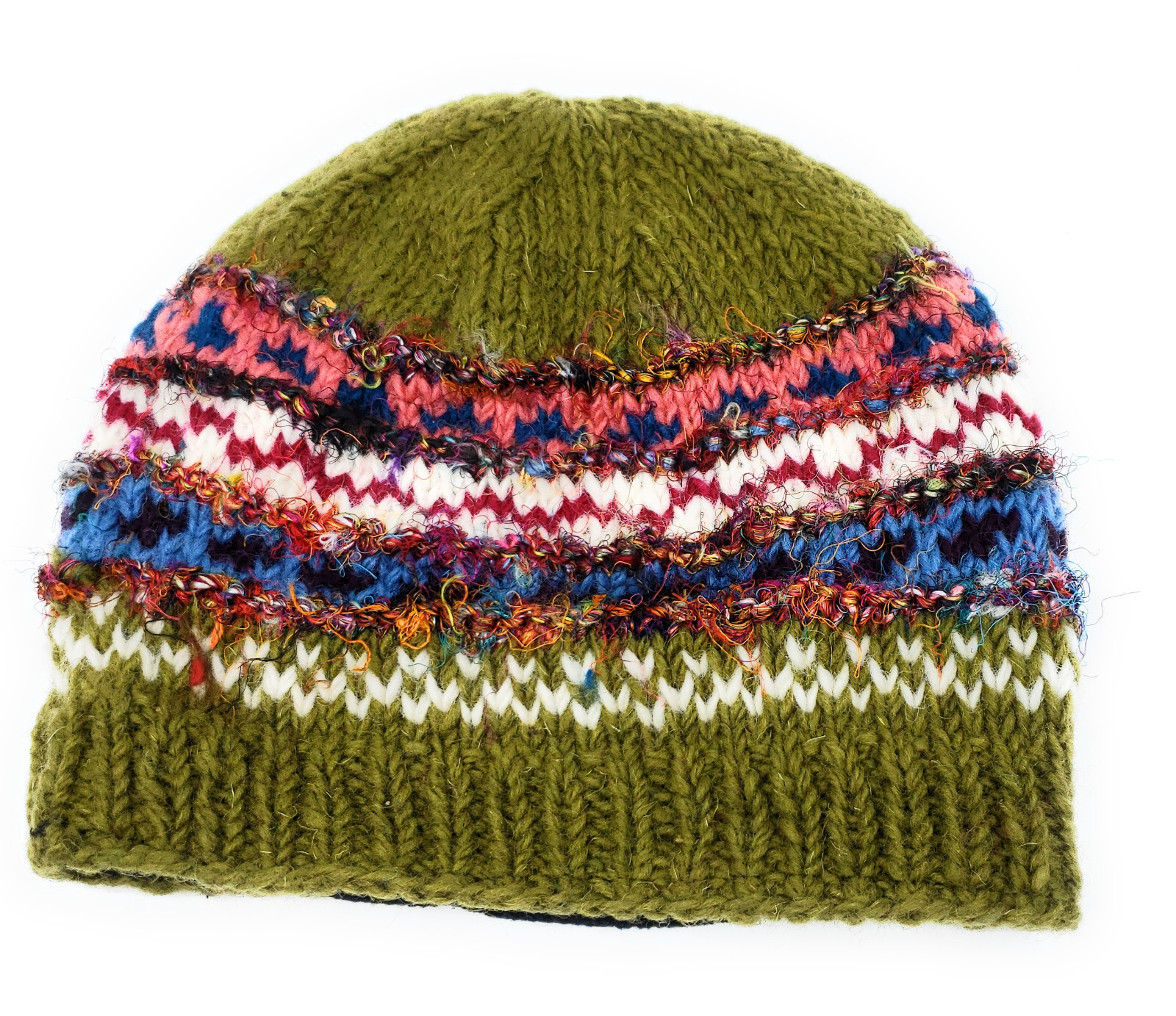 Hand Knit Wool & Recycled Silk Beanie Hat Fleece Lined Made in Nepal