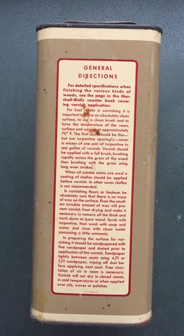 VINTAGE MARSHALL WELLS ZENITH QUICK DRYING FLOOR VARNISH CAN EMPTY GALLON SIZE