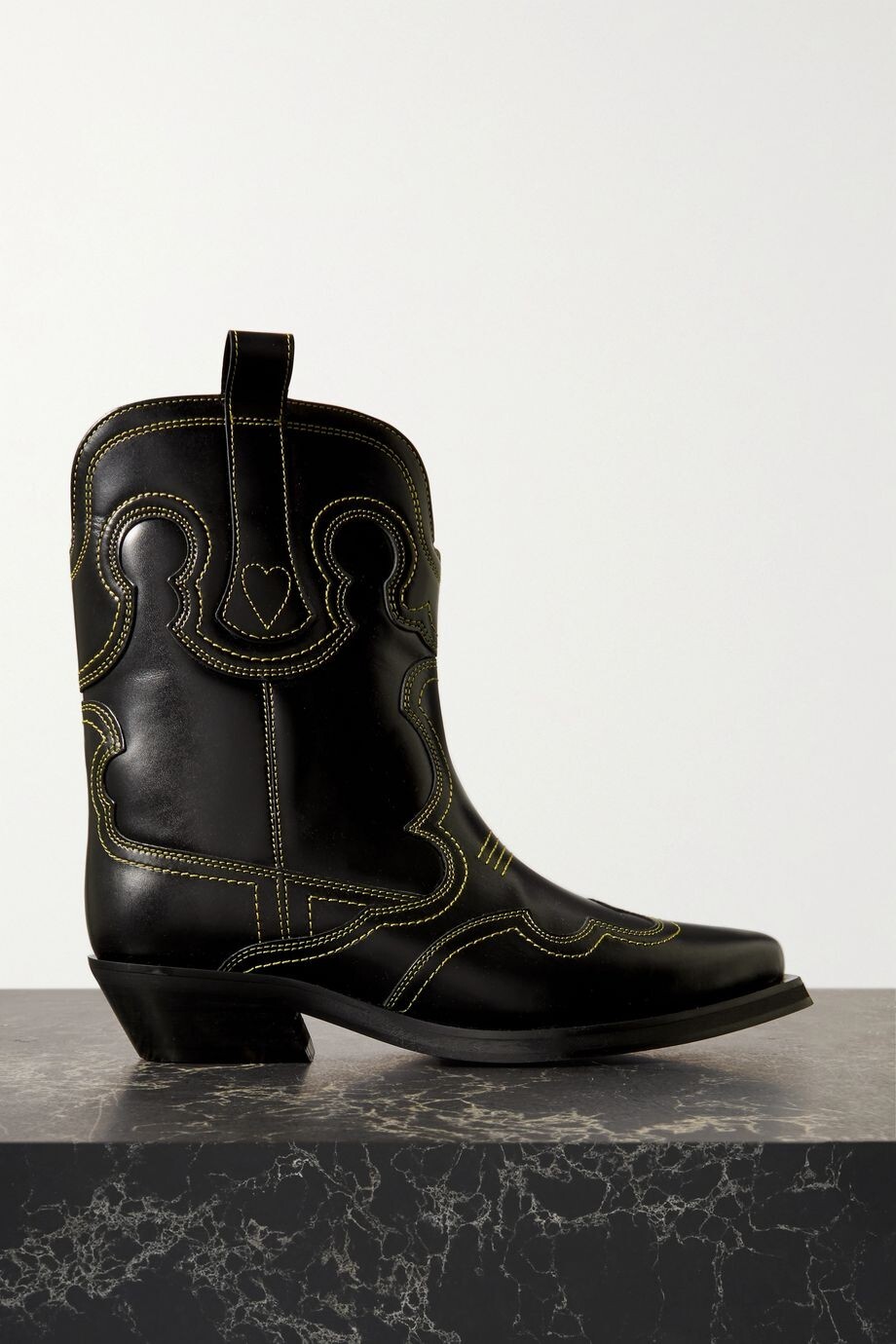 Pre-owned Ganni Low Shaft Embroidered Western Boots - Black/yellow ( Origin $595 )