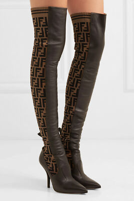 Pre-owned Fendi Rockoko Brown Ff Logo Stretch Knit Sock Thigh High Otk Heel Pump Boot 35