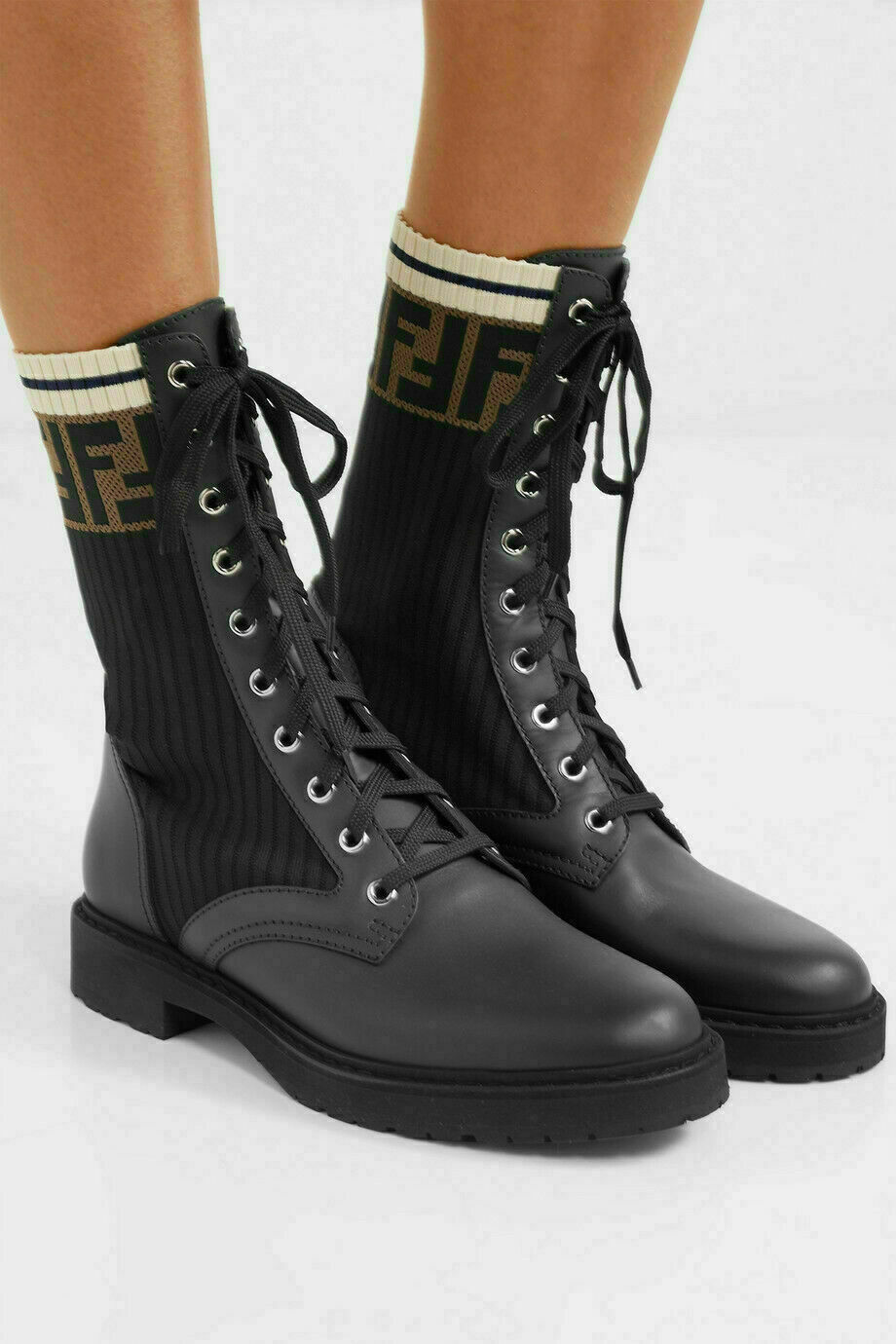 FENDI LOGO ROCKOKO COMBAT ANKLE BOOTS LEATHER STIEFEL SHOES FENDI LOGO ROCKOKO COMBAT ANKLE BOOTS LEATHER STIEFEL SHOES