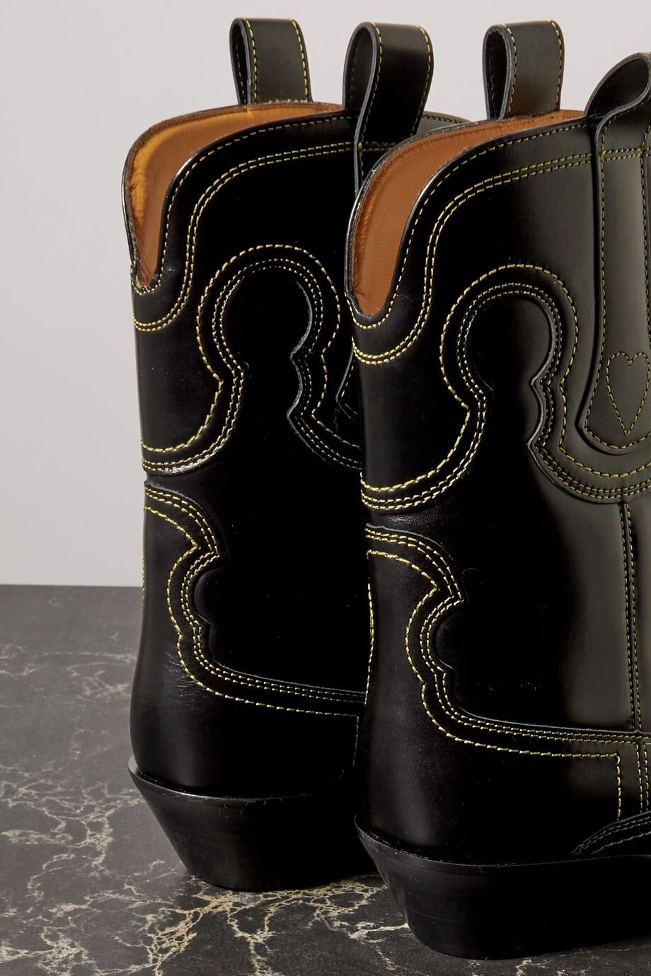 Pre-owned Ganni Low Shaft Embroidered Western Boots - Black/yellow ( Origin $595 )