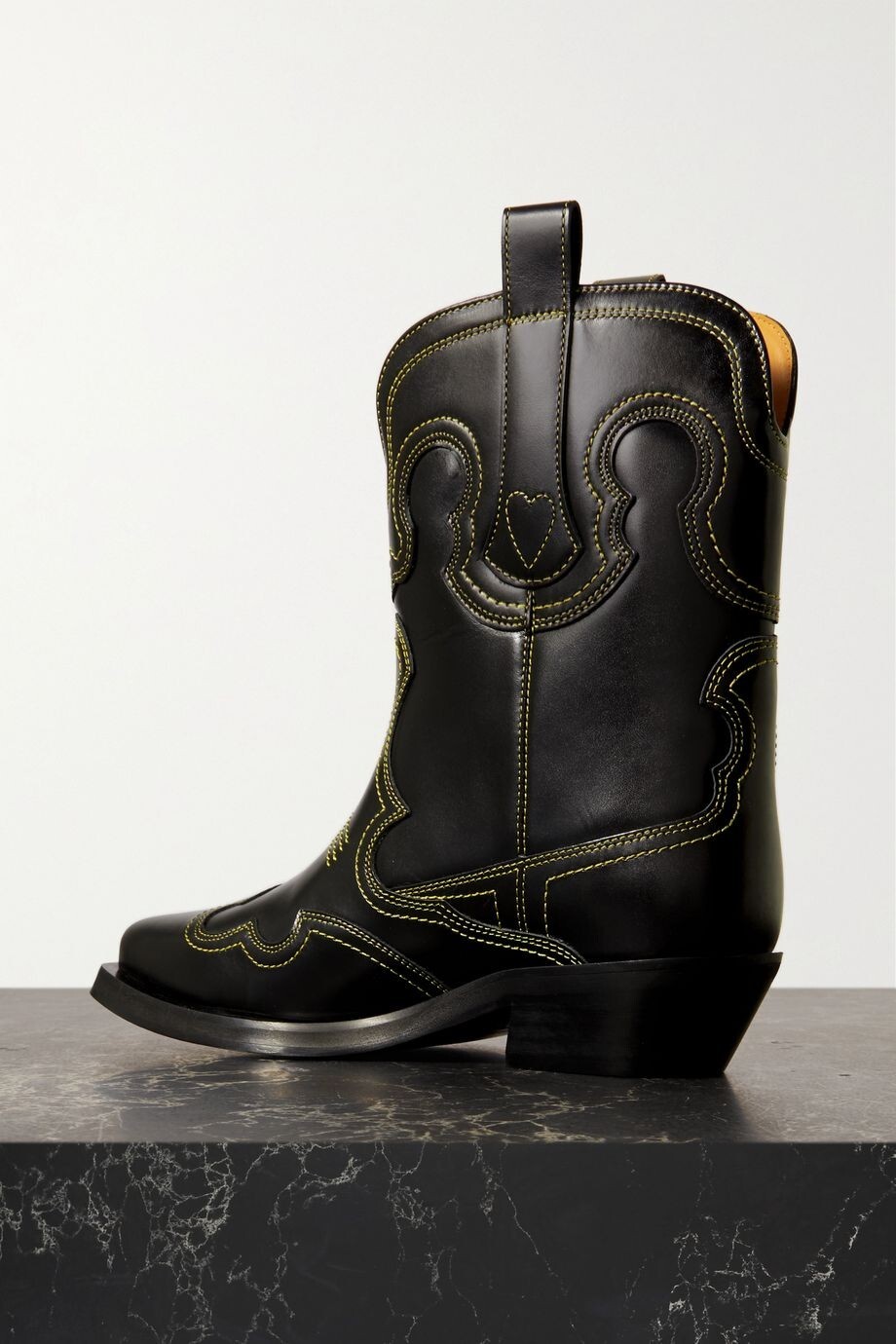 Pre-owned Ganni Low Shaft Embroidered Western Boots - Black/yellow ( Origin $595 )