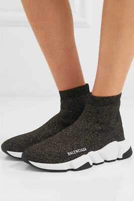 Pre-owned Balenciaga Women Speed Sock Trainer White Black Gold Lurex Runner Sneakers 41