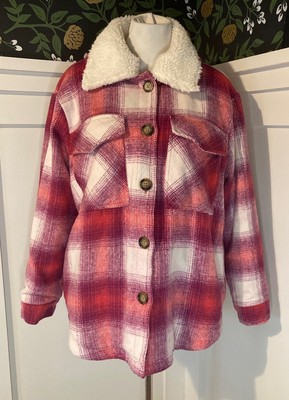 Womens Pink Plaid Jacket Coat Fur Collar Me Jane XL