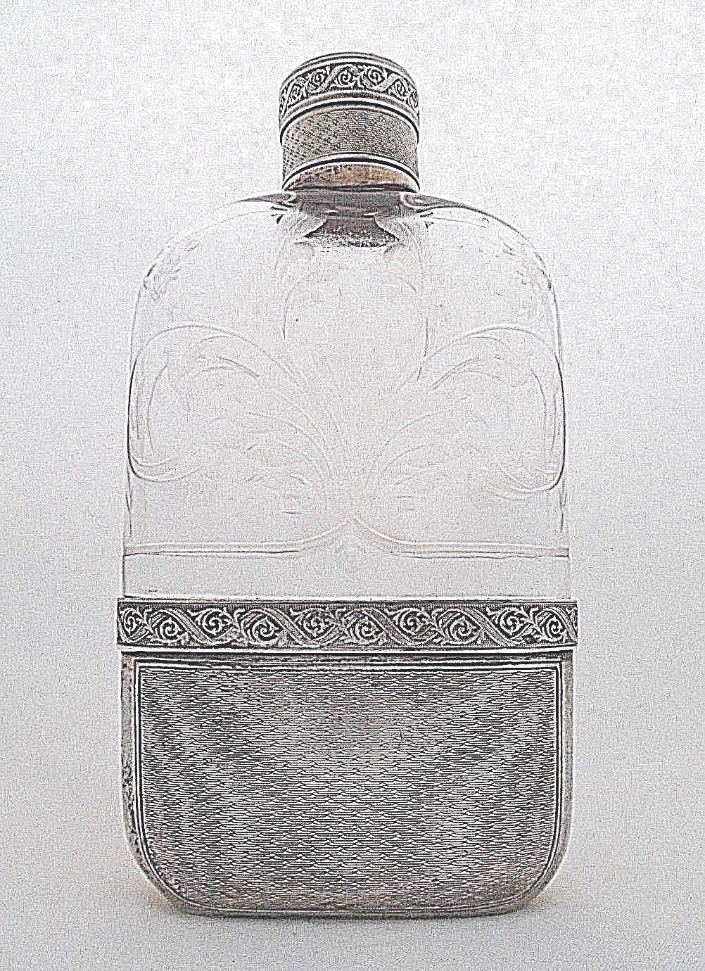 RARE SILVER ETCHED CRYSTAL HIP FLASK EMILE LANGLOIS 1888-1924 PARIS FRANCE