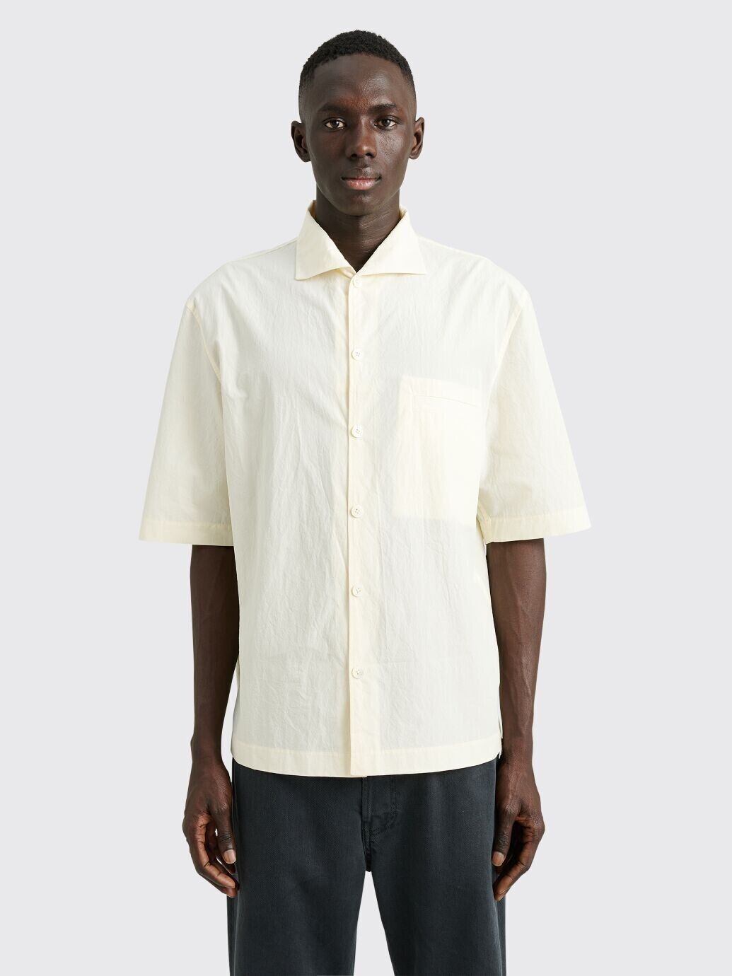 Lemaire L4402 Mens Ecru Camp Collar Button-Up Short Sleeve Lemaire L4402 Mens Ecru Camp Collar Button-Up Short Sleeve