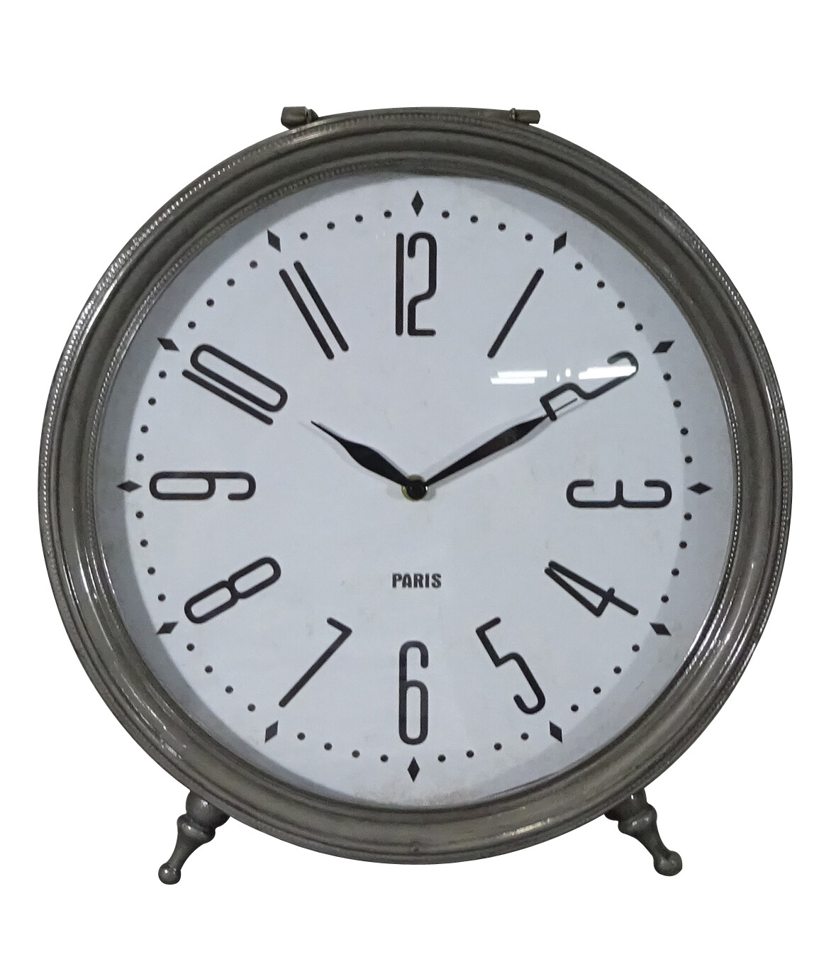 Round Retro Style Table Clock with Glass Enclosed Face Free Standing Metal Clock