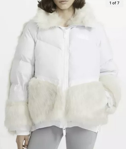 Pre-owned Nike Womens Nrg X Sacai Parka Down Fill Faux Fur Sz-lg Pure Platinum Ct3267- 043 In Silver