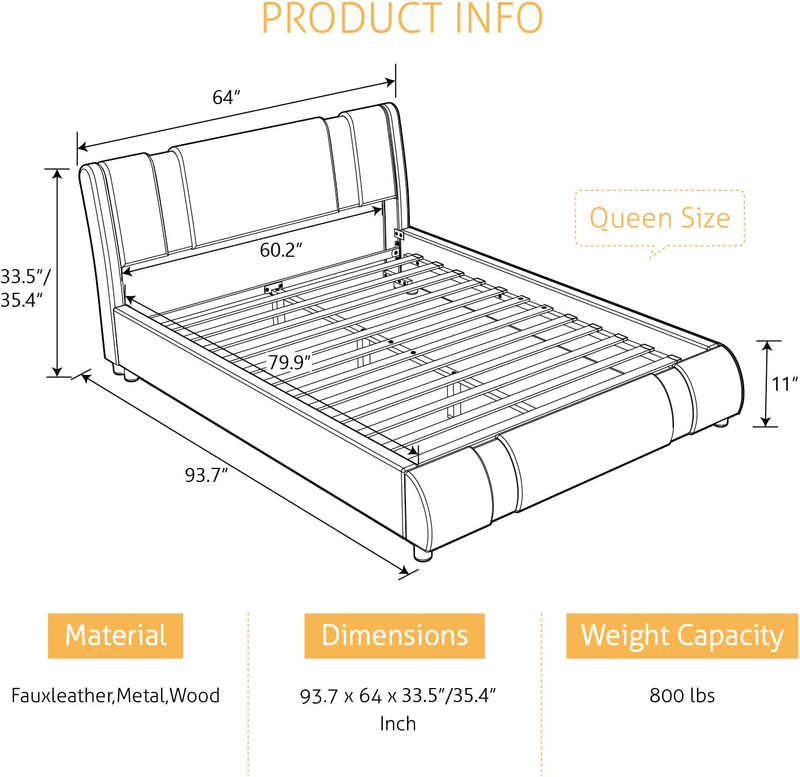 Modern Faux Leather Queen Bed Frame with Adjustable Headboard and Iron Accents,