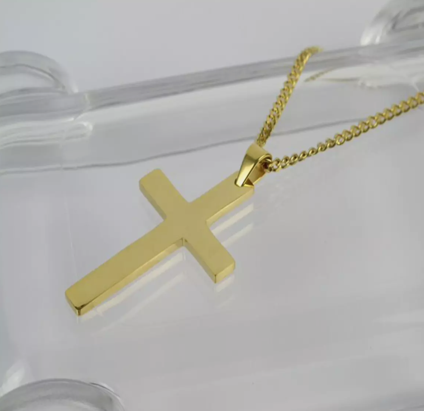 Cross Pendant Necklace Stainless Steel Silver Gold Men Women Cuban Chain