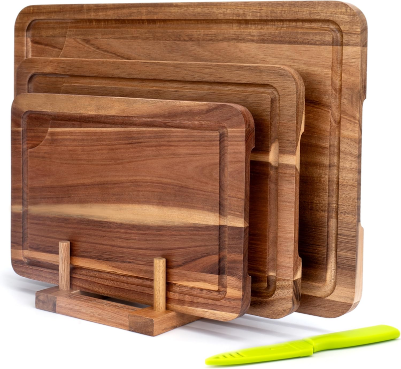 Acacia Wood Chopping Board for Kitchen, Wooden Cutting Board Set of 3 with Stand