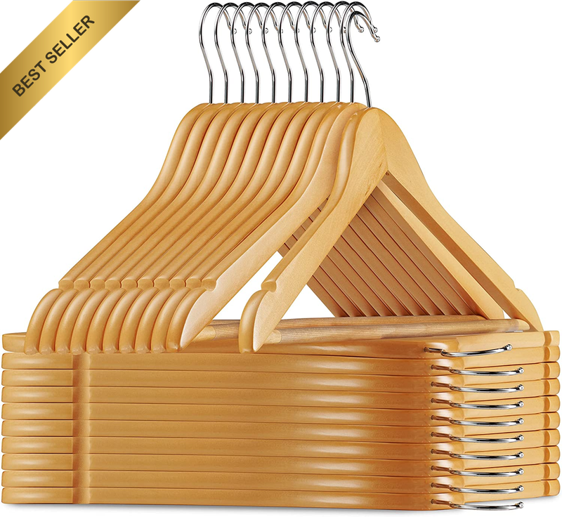 Solid Wood Suit Hangers - 20 Pack - with Non Slip Bar and Precisely Cut Notches