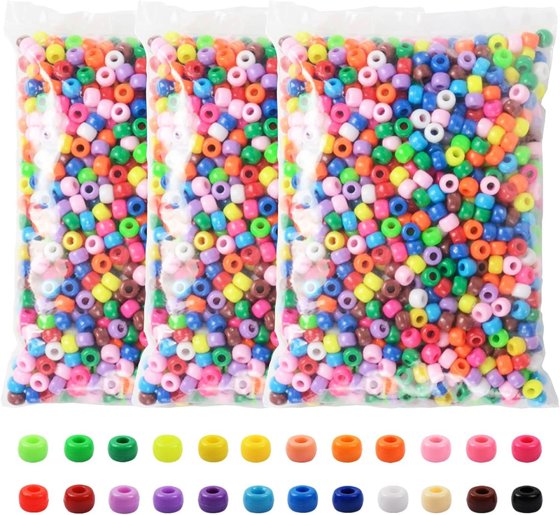 Pony Beads 3600 Pcs 6X9Mm Multi-Colored Plastic Craft Beads Set, Bulk Rainbow Hair Beads 24 Assorted Colors for DIY Crafting Jewelry Making Kandi Bracelets