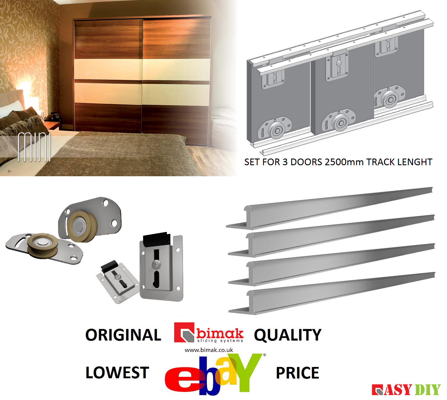 Mini Bimak Diy Sliding Door Gear 2500mm Track 3 Doors 70kg