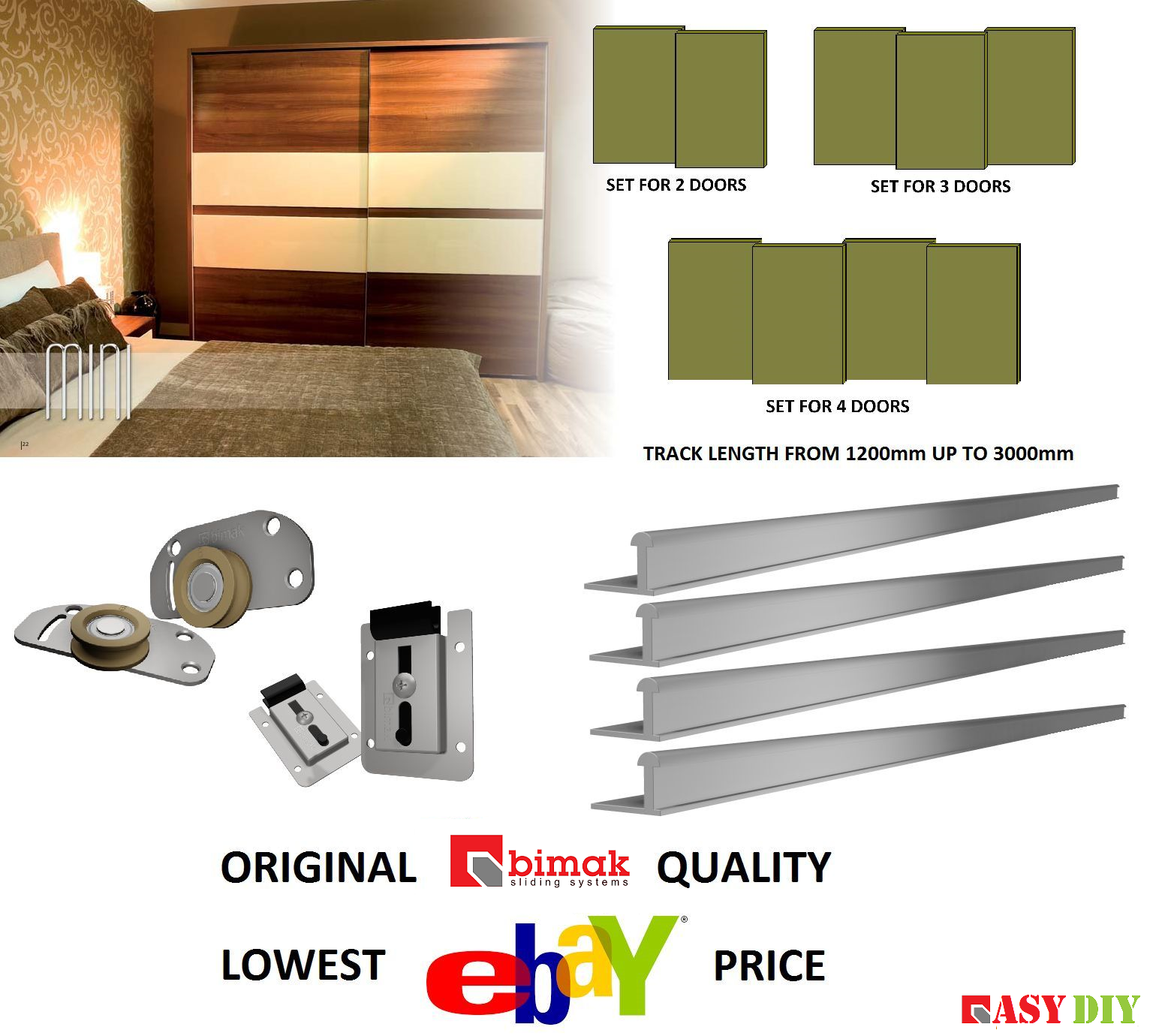 Mini Bimak Sliding Door Gear Wardrobe Track System Kit Up To 70kg