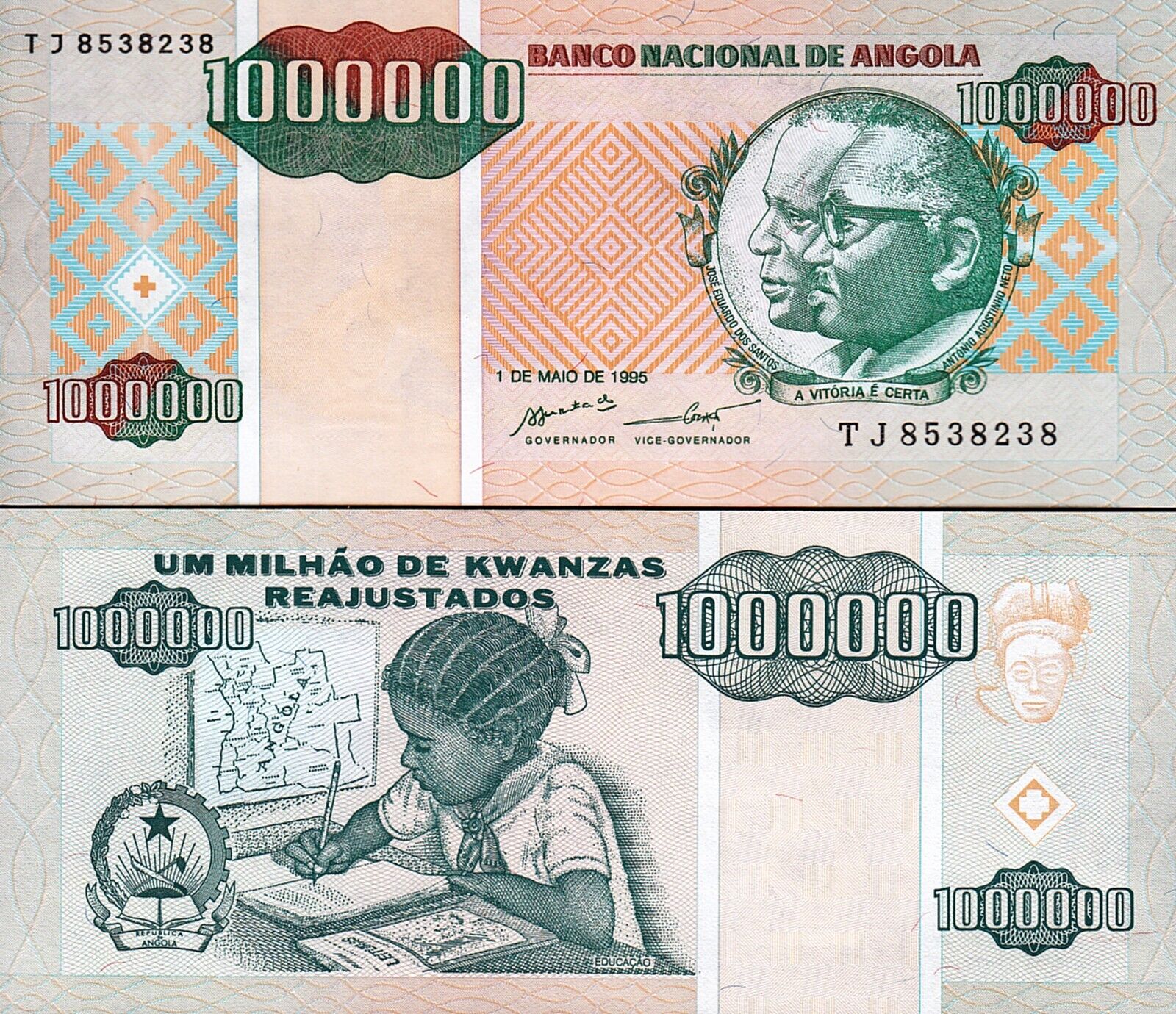 Angola 1000000 1,000,000 1 Million Kwanzas 1995, UNC, P-141