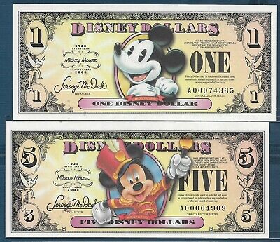 Disney Dollar Mickey mouse $1 & $5 / 2 Pcs Lot, 2008, A00074365 / A00004909, UNC