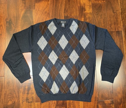Marco Fiori Men’s Sweater 100% Extra Fine Merino Wool Italy M Blue Brown Argyle