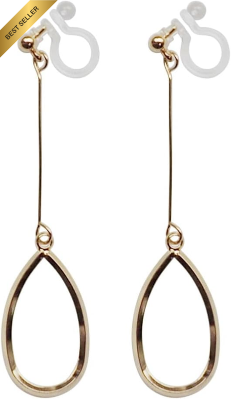 Gold Teardrop Hoop Invisible Dangle Clip on Earrings for Women Comfortable Non P