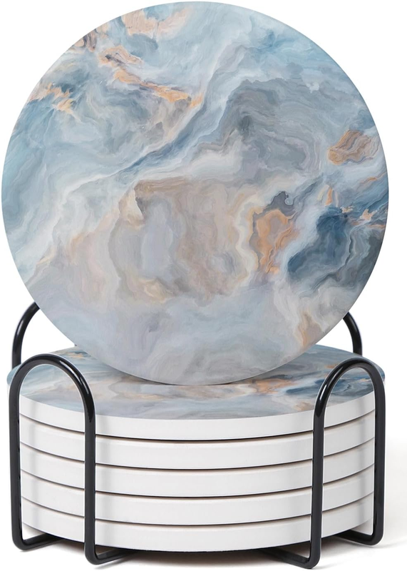 Set of 6 Abstract Blue Marble Coasters with Holder, Absorbent Ceramic Coasters f