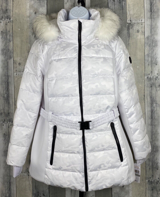 Michael Kors Puffer Jacket Detachable Hood MK Belt Camo White Faux Fur Trim XL