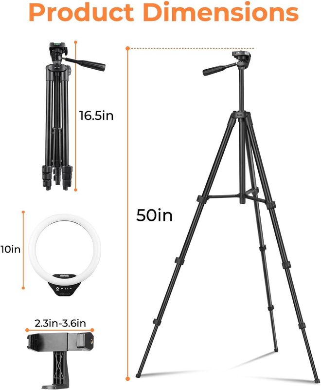 10'' Ring Light with 50'' Extendable Tripod Stand, LED Circle Lights with Phone