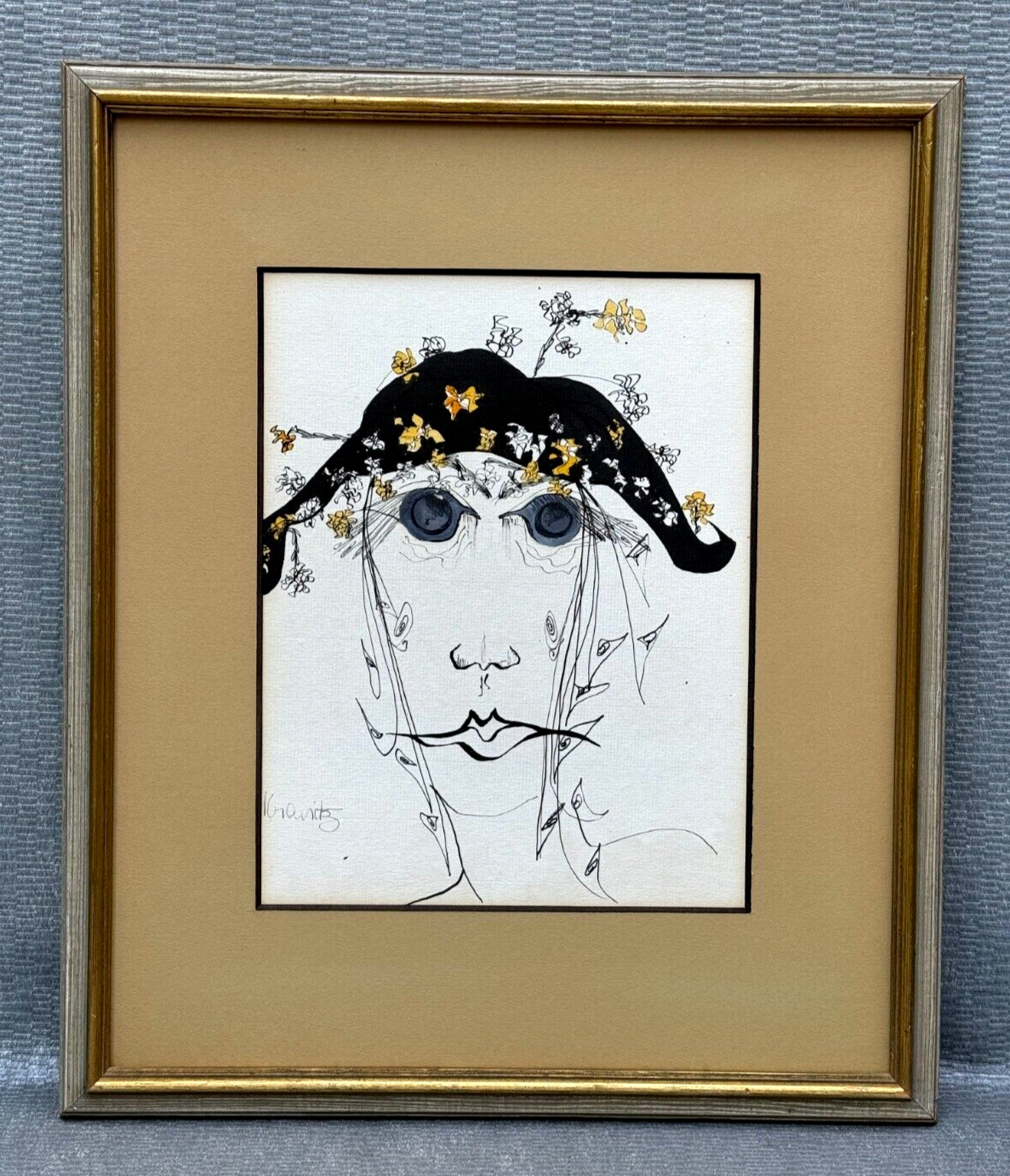 Kravitz Signed Surreal Woman in Floral Hat Abstract Face Painting Sketch Drawing