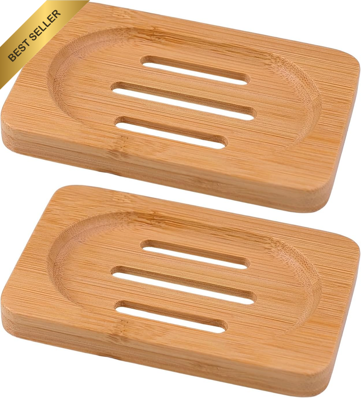 2Pcs Natural Bamboo Soap Dish - Self-Draining Soap Holder/Wooden Soap Tray Bambo