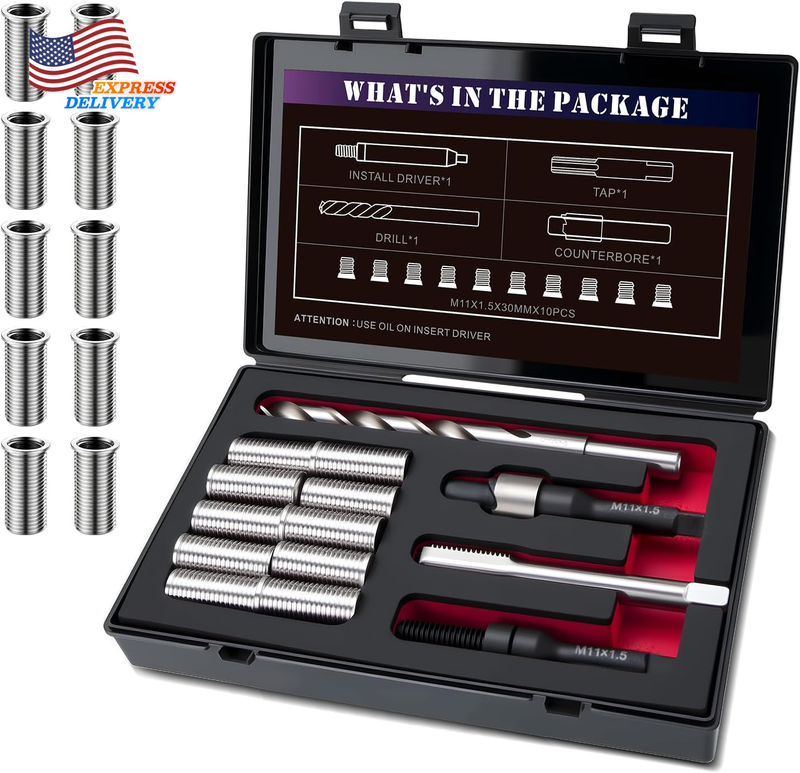 M11X1.5 Metric Thread Repair Kit with Insert HSS Drill Tap Counterbore 10PCS NEW