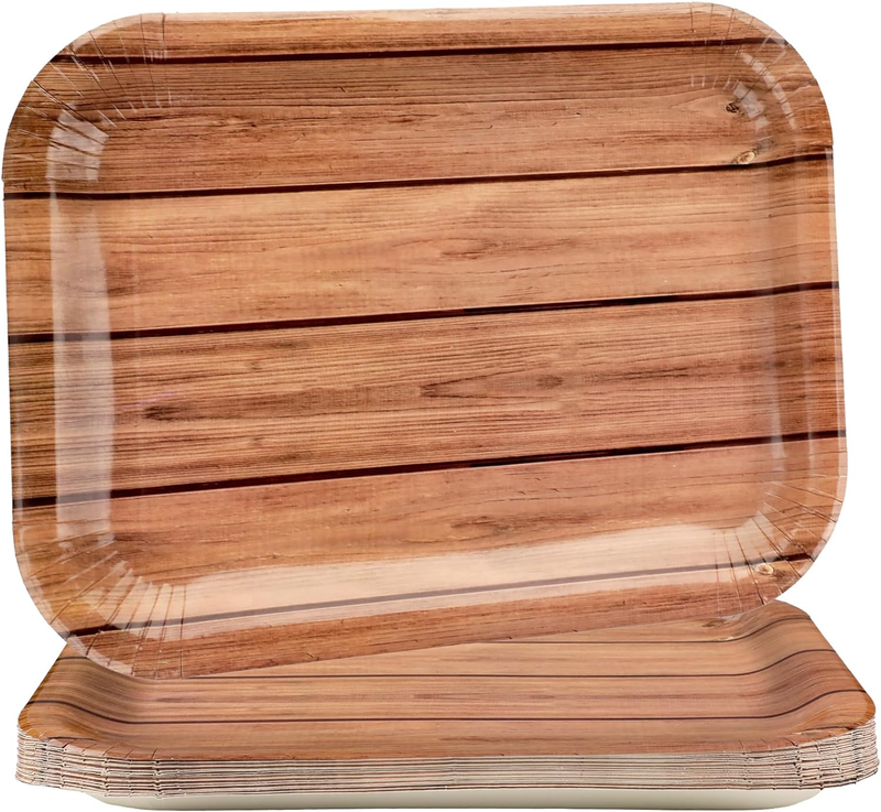 25 Counts Wood Grain Paper Plates 9.7" X 13.2" Large Disposable Square Rustic Wo