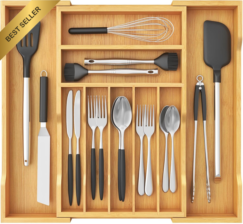 Silverware Drawer Organizer, Expandable from 12 to 21 Inches, 9 Slot Utensil Tra