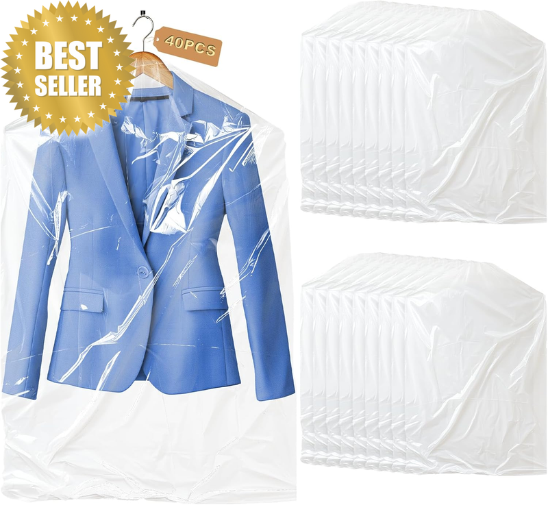 40 Pack Clear Hanging Garment Bags 60X90Cm for Dry Cleaning & Storage | Transpar