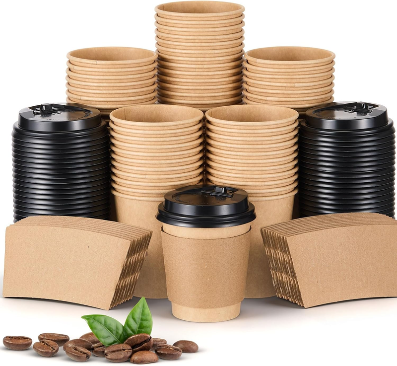 100 Pack 8 Oz Kraft Paper Coffee Cups with Lids and Sleeves, Disposable Espresso