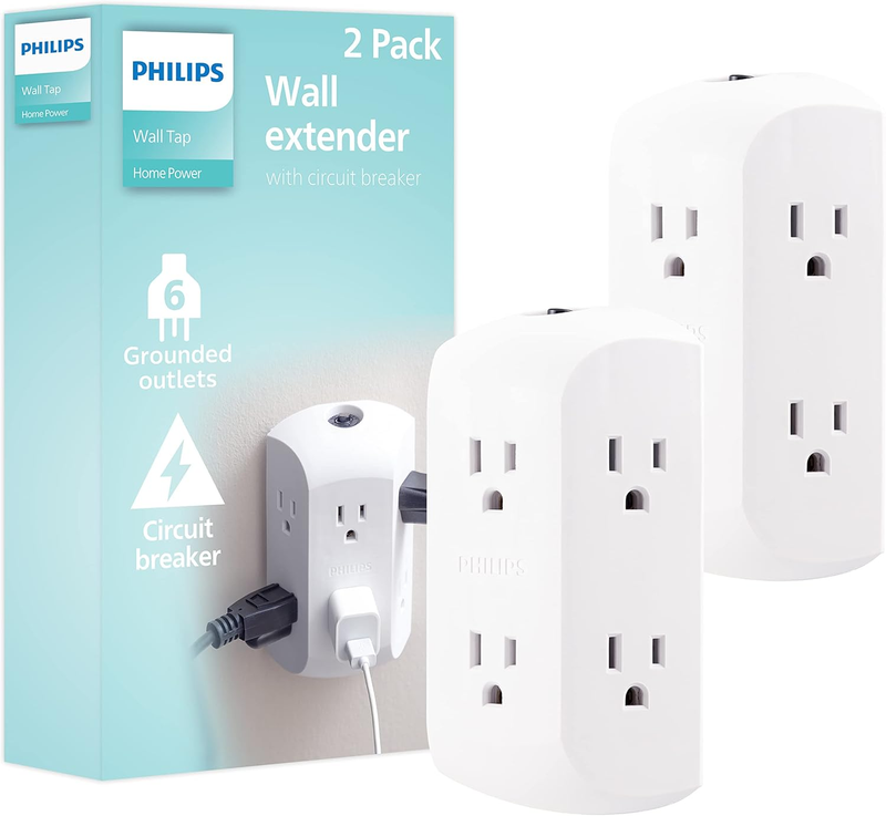 6-Outlet Extender, 2 Pack, Grounded Wall Tap, Reset Button, Circuit Breaker, Ada