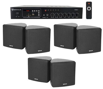 Rockville Commercial Restaurant Bluetooth Amplifier+(6) 3.5'' Black Cube Speakers
