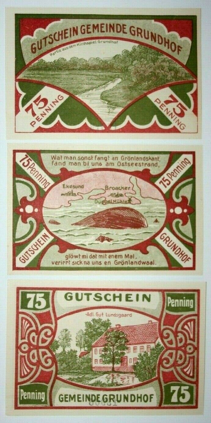 Set of 3 1921 Grundhof Germany 75 Pfennig Notgeld Notes