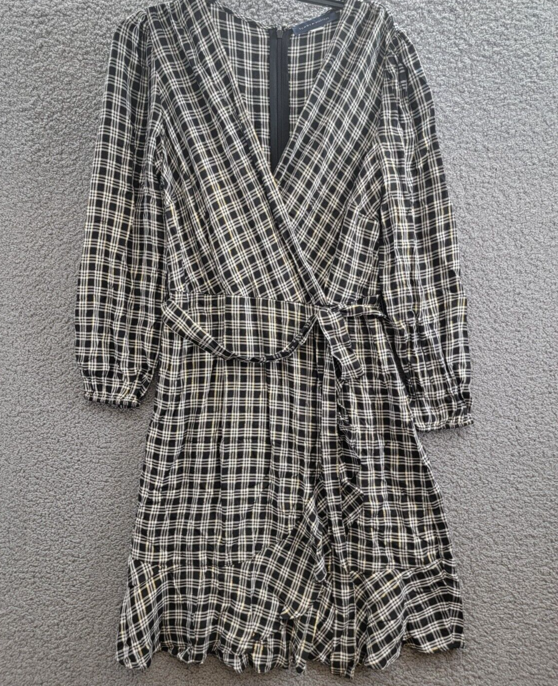 Tommy Hilfiger Check Ruffle-Hem Wrap Dress Women's 10 Black Multi Zip Closure - Picture 2 of 16