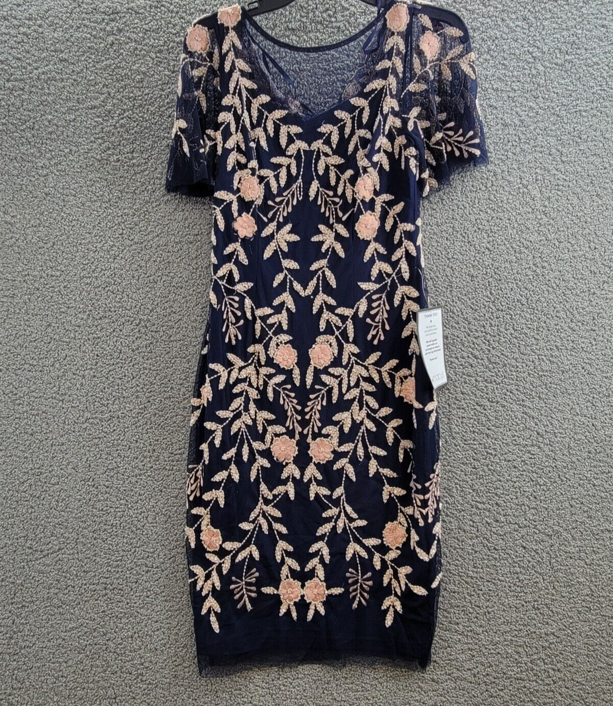 Adrianna Papell Beaded Flutter Sleeve Dress Women's 2 Navy Round Neck Back Zip - Picture 2 of 13