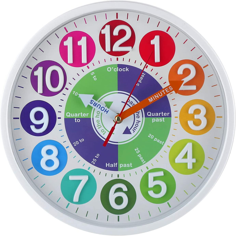 12" Wall Clock for Kids Learning to Tell Time with 3D Colorful Dial, Silent Batt