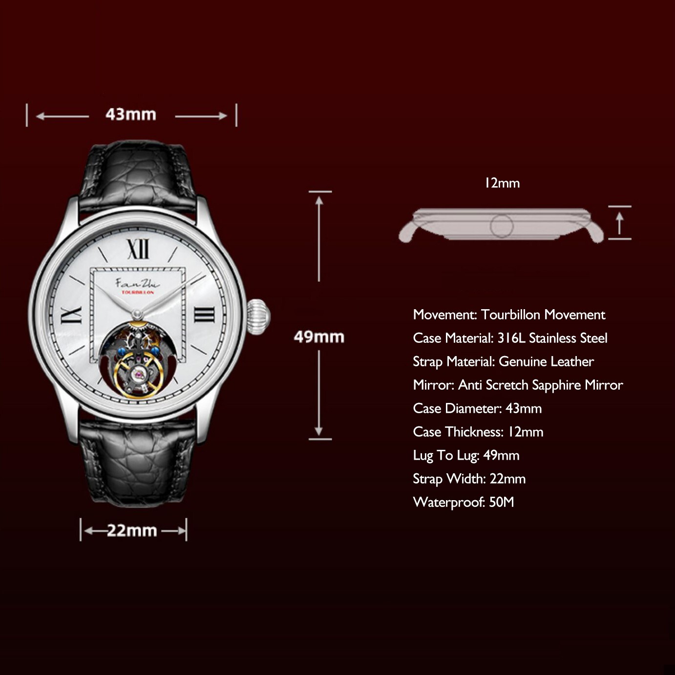 Pre-owned Safari Merkur Men Tourbillon Watch 43mm Luxury Mechanical Wristwatch Roman Indexs