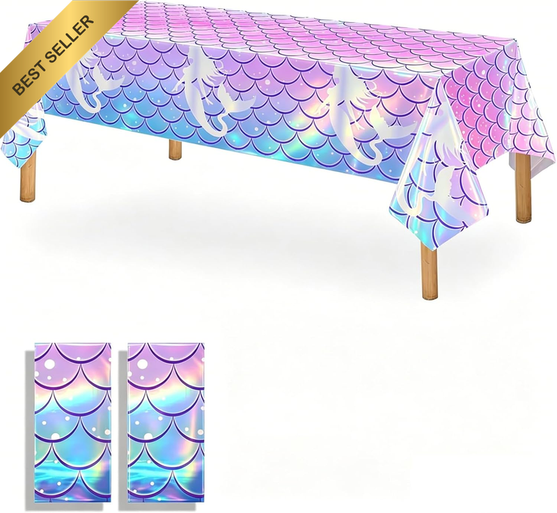 Mermaid Party Tablecloth(2 Packs), 54X108 Inches Iridescent Table Cloths Laser P