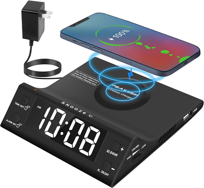 Loud Alarm Clock with Wireless Charging and USB Port, for He